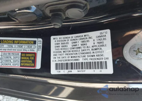 2012 Honda Civic Lx from USA, damaged, VIN 2HGFG3B58CH538883